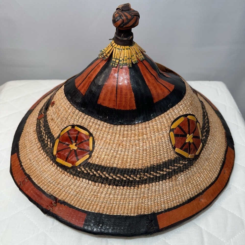 Vintage Handcrafted African Conical Fulani Woven Straw Hat Tribal Leather Trim - Picture 2 of 9